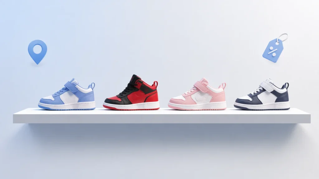 Minimal flat design of a floating shelf with 3–4 kids sneakers, small location pin and discount tag icons on a clean light gradient background with empty space.
